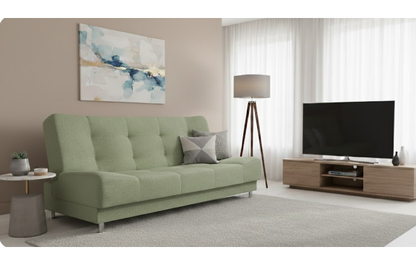 Wersalka Olivia w kolorze oliwkowym na sprężynach z funkcją spania i pojemnikiem